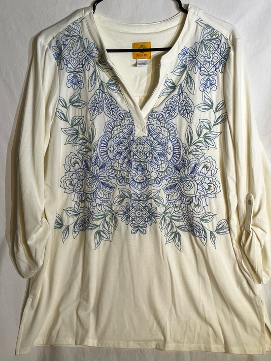Ruby Rd. Tops - Ruby Rd. Cream Tunic with Blue & Green Floral Embroidery